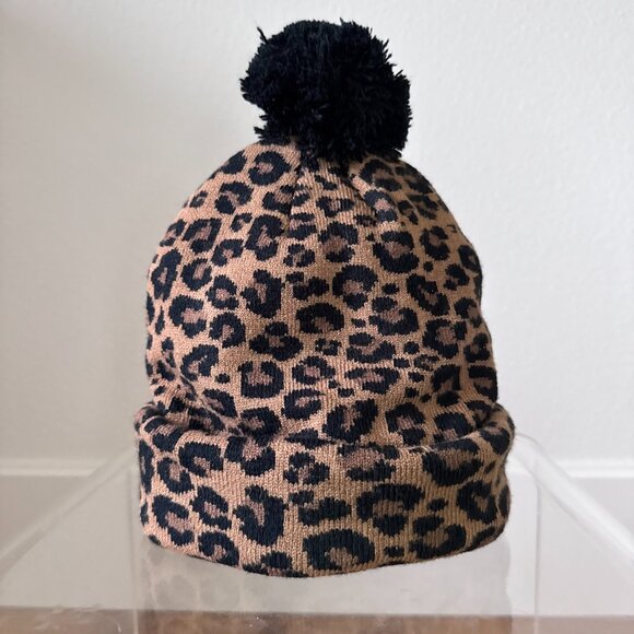 Nike Youth Cheetah Print Beanie Brown w/ Gold Swoosh & Black Pom – Winter Hat - Picture 4 of 8